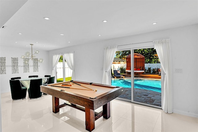 recreation room with light tile patterned flooring and billiards