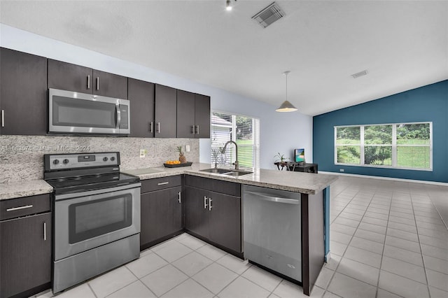 kitchen with a wealth of natural light, sink, lofted ceiling, and appliances with stainless steel finishes