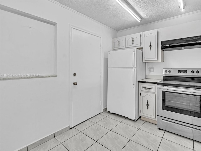 kitchen featuring a textured ceiling, ventilation hood, white cabinets, white fridge, and electric range