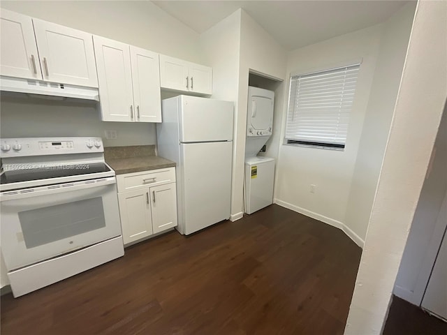 kitchen featuring stacked washer / dryer, white cabinetry, dark wood-type flooring, and white appliances