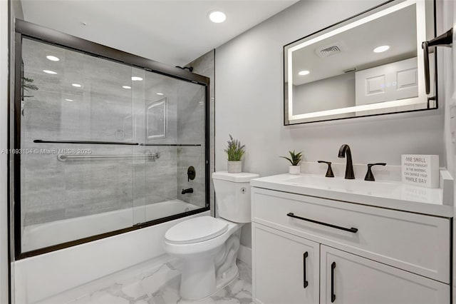 full bathroom with vanity, visible vents, toilet, enclosed tub / shower combo, and marble finish floor