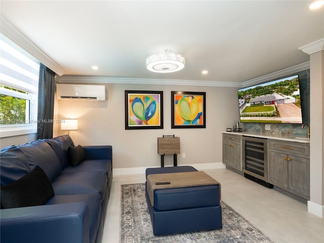 living room with wine cooler, ornamental molding, indoor wet bar, and a wall mounted air conditioner