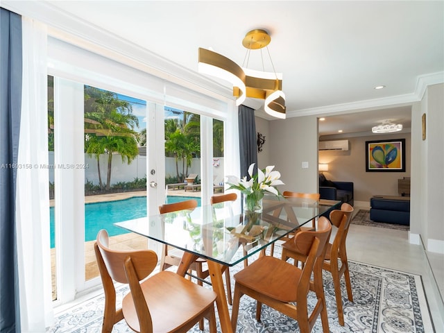 dining space with ornamental molding, french doors, and a wall mounted AC