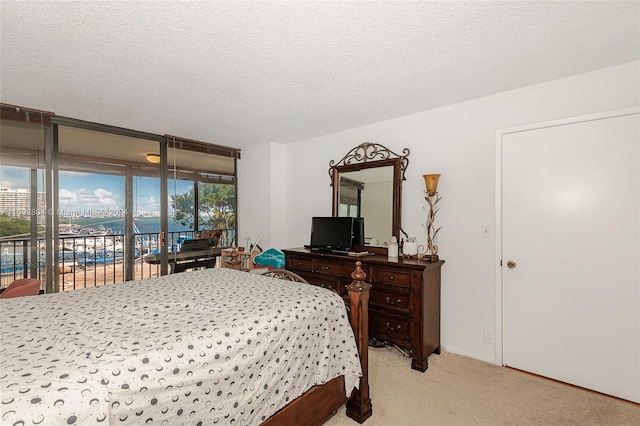 carpeted bedroom with multiple windows, a textured ceiling, floor to ceiling windows, and access to outside