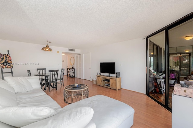 living room featuring a textured ceiling and hardwood / wood-style flooring