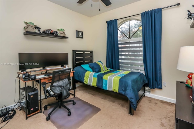 carpeted bedroom featuring ceiling fan