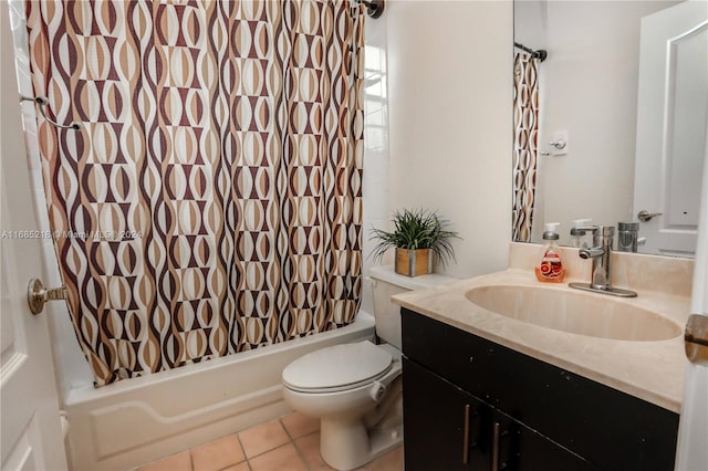 full bathroom with vanity, shower / bath combo with shower curtain, tile patterned flooring, and toilet