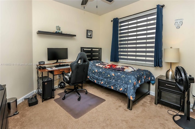 carpeted bedroom with ceiling fan