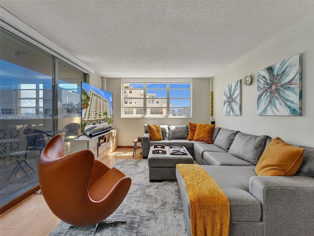 living room featuring a wealth of natural light, a textured ceiling, and light hardwood / wood-style flooring