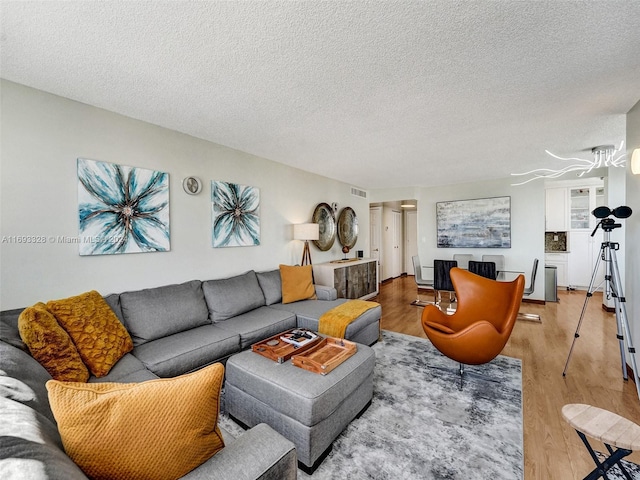 living room with hardwood / wood-style flooring and a textured ceiling