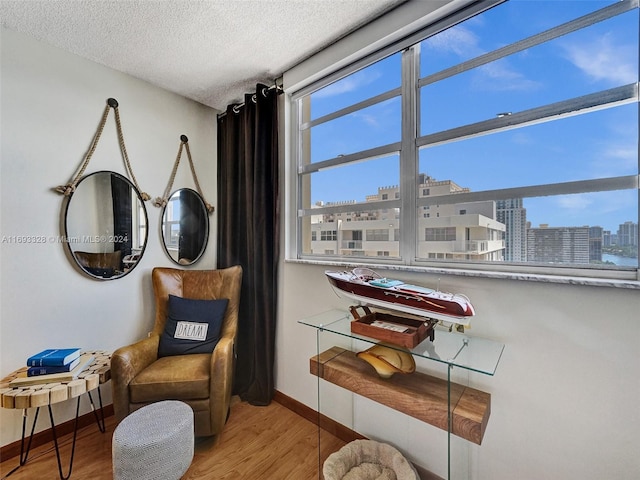 1833 S Ocean Dr Unit 1702, Hallandale Beach, FL 33009 - sitting room with wood finished floors, baseboards, a textured ceiling, and a city view