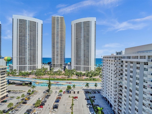 view of building exterior with a water view