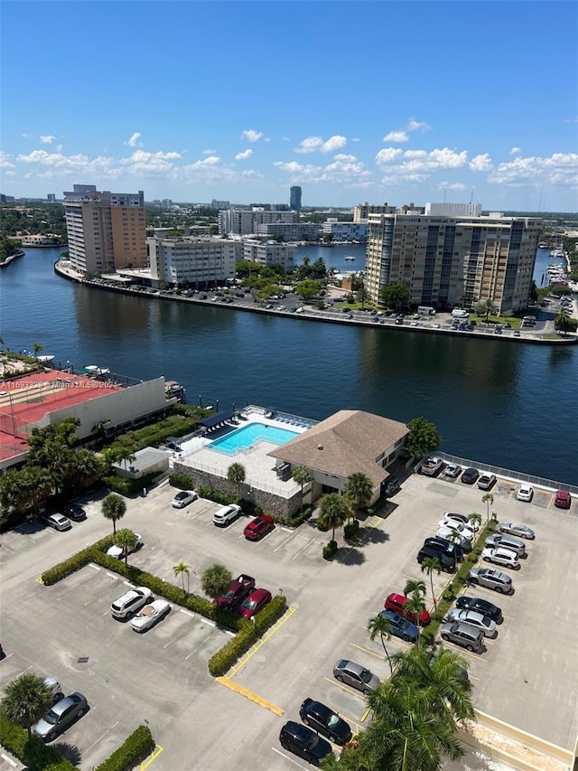 birds eye view of property featuring a water view