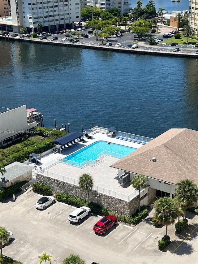 drone / aerial view with a water view