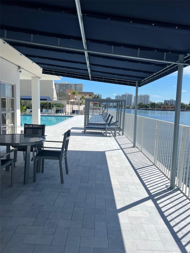 view of patio / terrace featuring a water view and a community pool