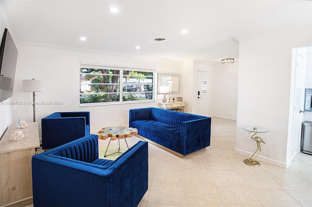 tiled living room featuring crown molding