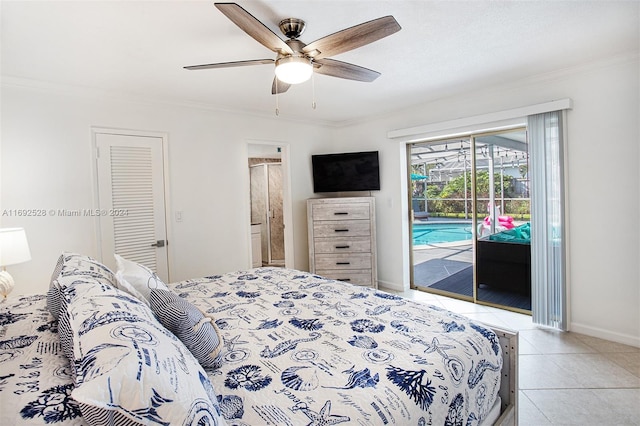 bedroom featuring access to outside, ornamental molding, light tile patterned flooring, ceiling fan, and a closet