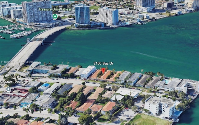 aerial view featuring a water view