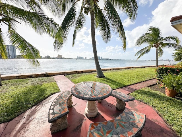 view of patio featuring a water view