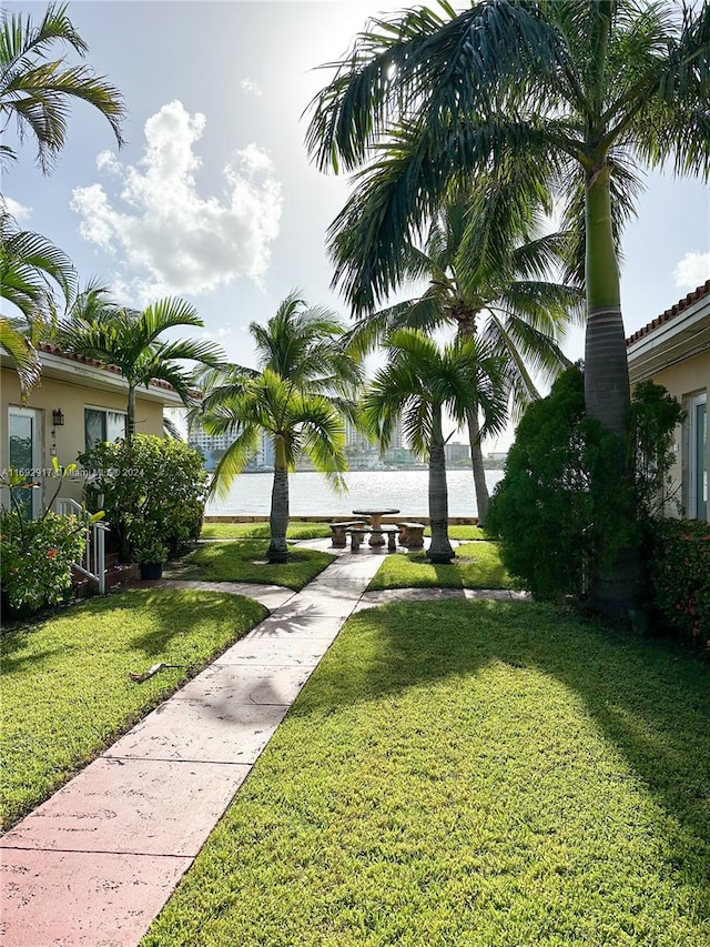 view of yard with a water view