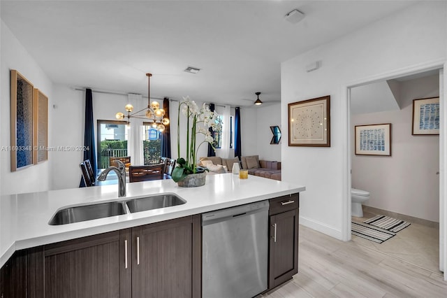 kitchen featuring dark brown cabinetry, sink, light hardwood / wood-style flooring, a notable chandelier, and dishwasher