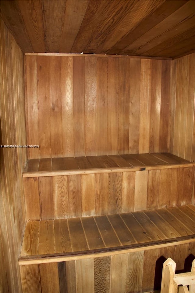 view of sauna featuring wooden walls and wood ceiling