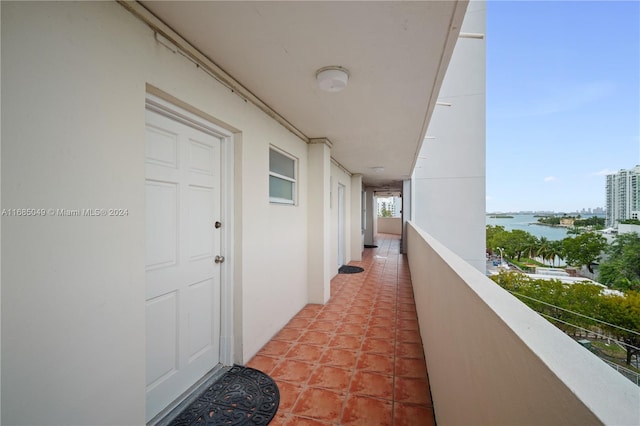 hallway featuring a water view