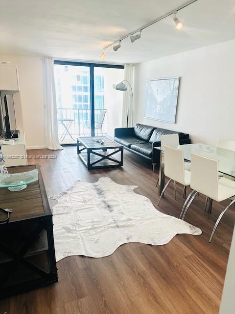 living room featuring hardwood / wood-style floors, a wall of windows, and rail lighting