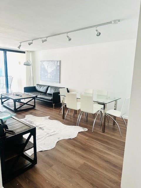 living room with hardwood / wood-style floors, track lighting, and a wall of windows