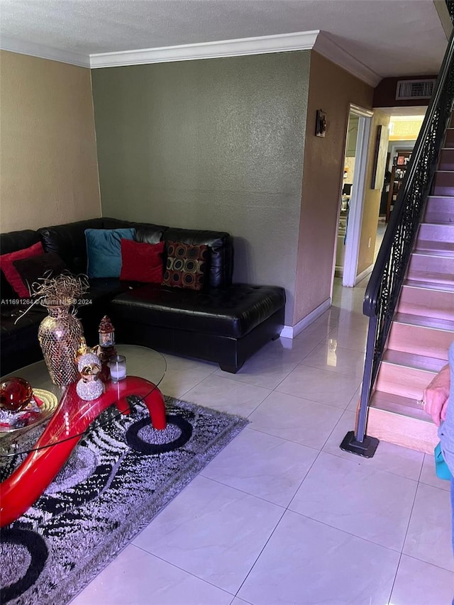 tiled living room featuring ornamental molding