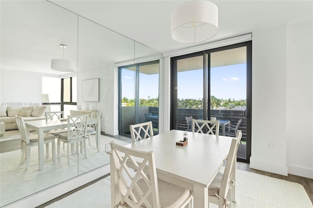 dining room with light wood-type flooring and expansive windows