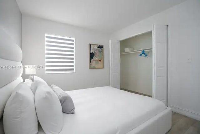 bedroom featuring wood-type flooring and a closet