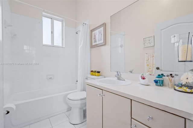 full bathroom with toilet, shower / bath combo, vanity, and tile patterned flooring