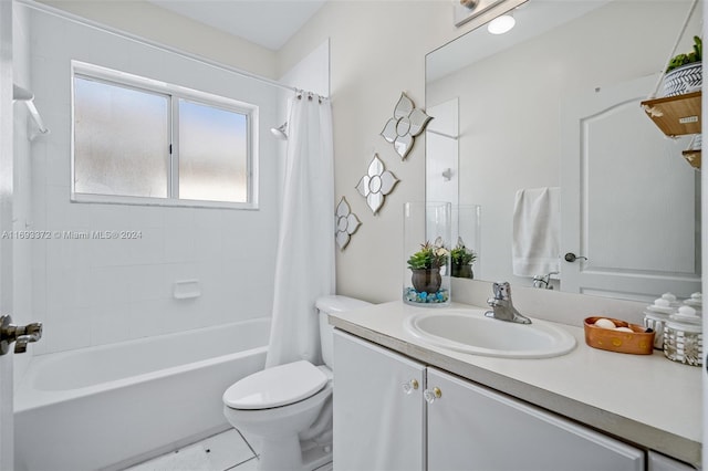 full bathroom with tile patterned flooring, vanity, toilet, and shower / tub combo with curtain