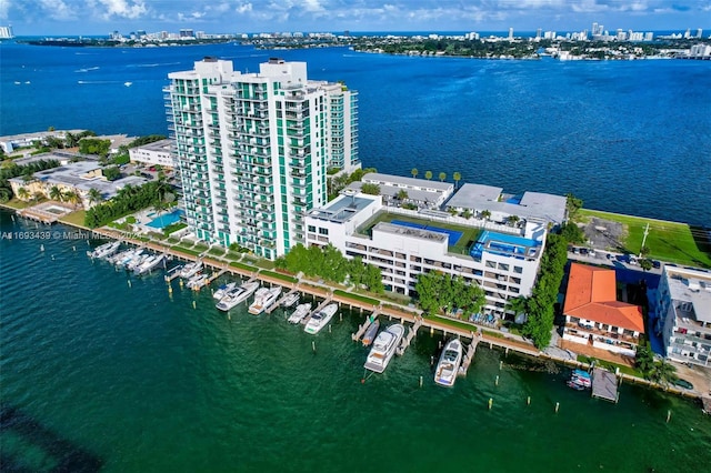 bird's eye view with a water view