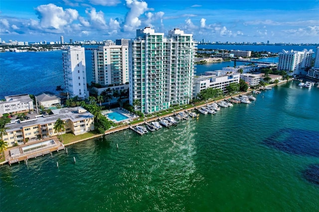 drone / aerial view featuring a water view