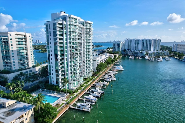 bird's eye view with a water view