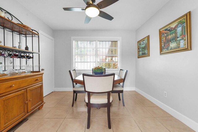 tiled dining space with ceiling fan