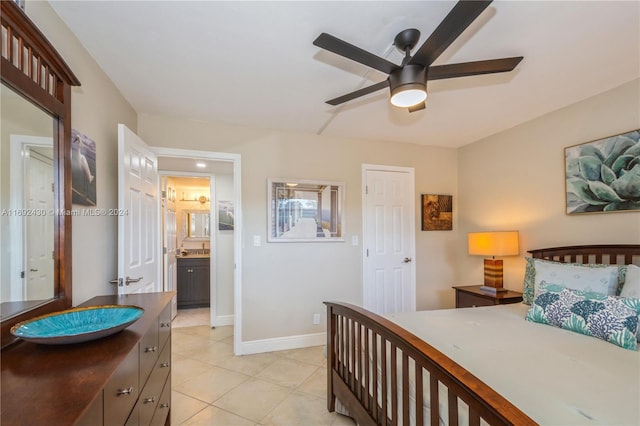 bedroom featuring connected bathroom, ceiling fan, and light tile patterned flooring