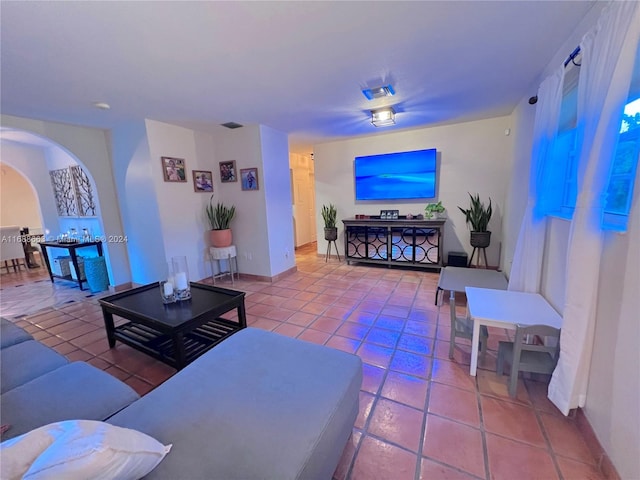 living room featuring tile patterned flooring