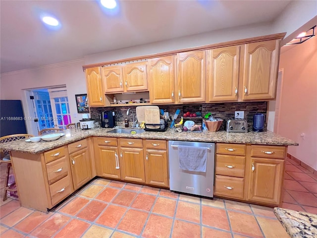 kitchen featuring dishwasher, kitchen peninsula, sink, crown molding, and backsplash