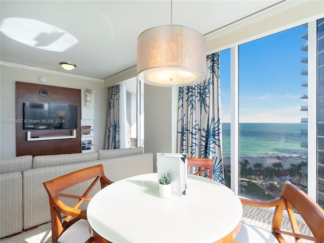 dining area featuring crown molding, hardwood / wood-style floors, a water view, and a view of the beach