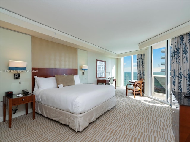 bedroom featuring access to outside and a water view