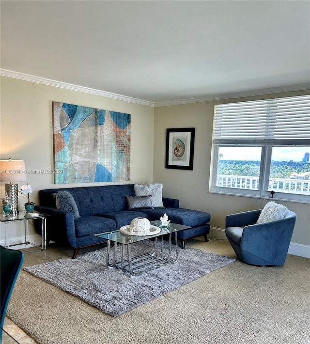 carpeted living room with ornamental molding