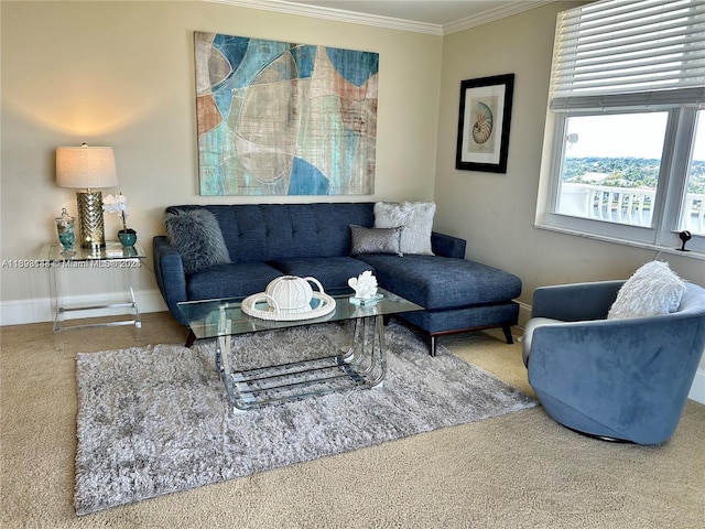 carpeted living room featuring ornamental molding