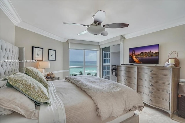 bedroom with ornamental molding, access to outside, and ceiling fan