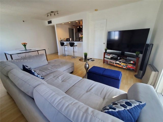 living room with hardwood / wood-style flooring and rail lighting