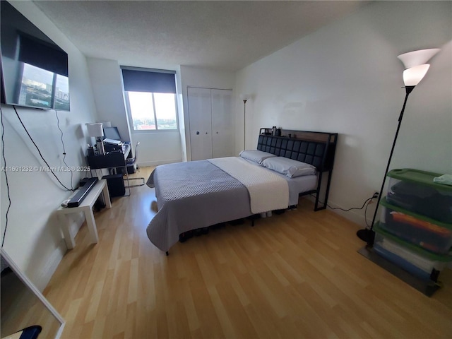 bedroom with light wood-type flooring and a closet