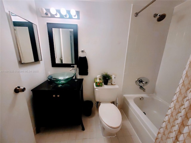 full bathroom with toilet, vanity, and shower / bathtub combination with curtain