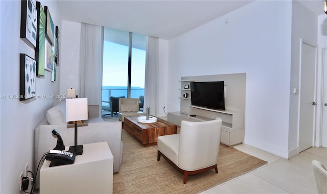 living room with expansive windows, light tile patterned flooring, and baseboards